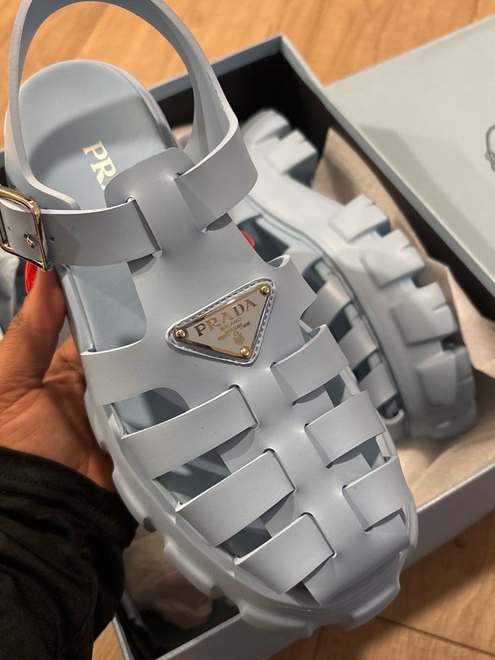 Prada 1:1 Women's Light Blue Caged Jelly Sandals